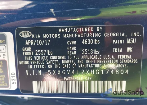 2017 Kia Optima Sxl Turbo z USA, uszkodzony, nr VIN 5XXGV4L2XHG174804